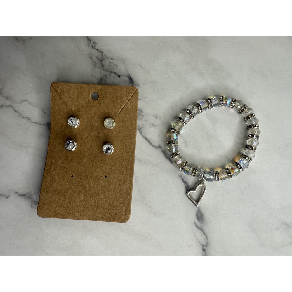 handmade beaded earrings and‎ bracelets Clear irredecsent and silver heart charm